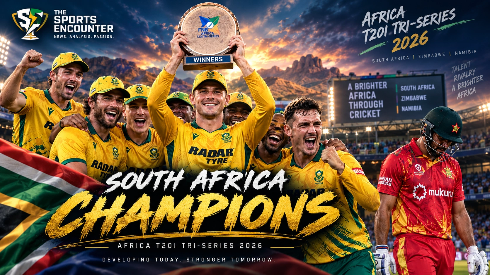 South Africa players celebrate winning the 2026 Africa T20I Tri-Series in Windhoek after beating Zimbabwe by 48 runs in the final.