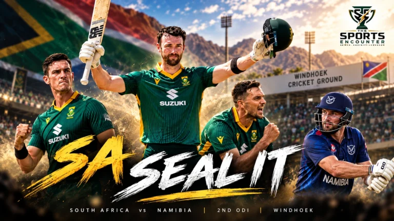 Connor Esterhuizen celebrates his century for South Africa during the second ODI against Namibia in Windhoek, where South Africa won by 157 runs to seal the series.