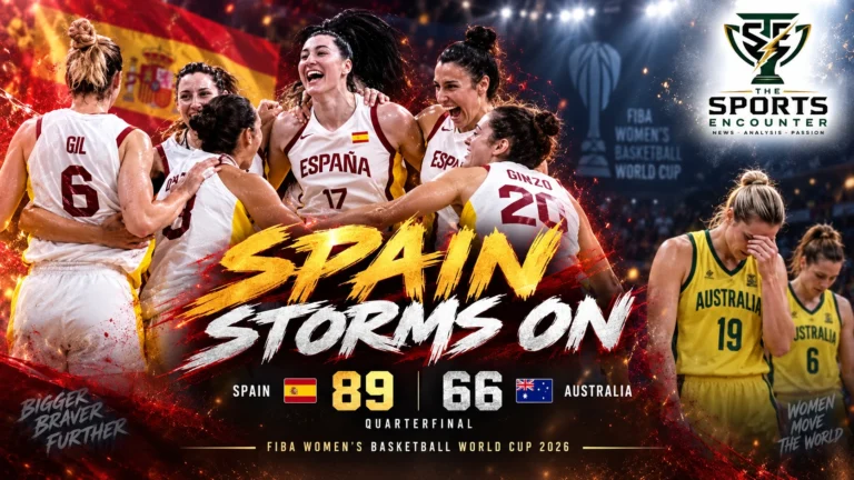 Spain celebrates after defeating Australia 89-66 in the FIBA Women’s Basketball World Cup 2026 quarterfinal in Berlin.
