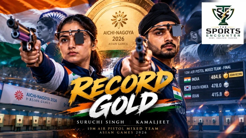 Suruchi Singh and Kamaljeet celebrate India’s 10m air pistol mixed team gold after scoring an Asian-record 484.6 at the 2026 Asian Games in Japan.