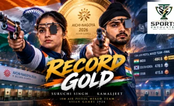 Suruchi Singh and Kamaljeet celebrate India’s 10m air pistol mixed team gold after scoring an Asian-record 484.6 at the 2026 Asian Games in Japan.
