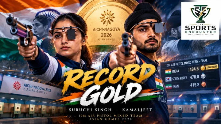 Suruchi Singh and Kamaljeet celebrate India’s 10m air pistol mixed team gold after scoring an Asian-record 484.6 at the 2026 Asian Games in Japan.