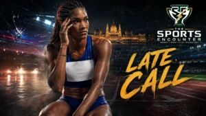 Tara Davis-Woodhall pictured in a dramatic athletics graphic as she faces a late decision over competing at the 2026 World Athletics Ultimate Championship after a car crash and severe concussion.