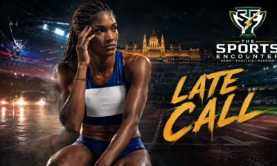 Tara Davis-Woodhall pictured in a dramatic athletics graphic as she faces a late decision over competing at the 2026 World Athletics Ultimate Championship after a car crash and severe concussion.