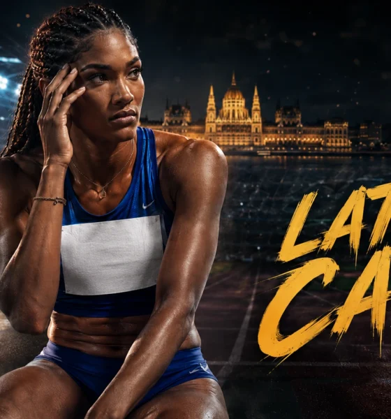 Tara Davis-Woodhall pictured in a dramatic athletics graphic as she faces a late decision over competing at the 2026 World Athletics Ultimate Championship after a car crash and severe concussion.