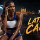 Tara Davis-Woodhall pictured in a dramatic athletics graphic as she faces a late decision over competing at the 2026 World Athletics Ultimate Championship after a car crash and severe concussion.