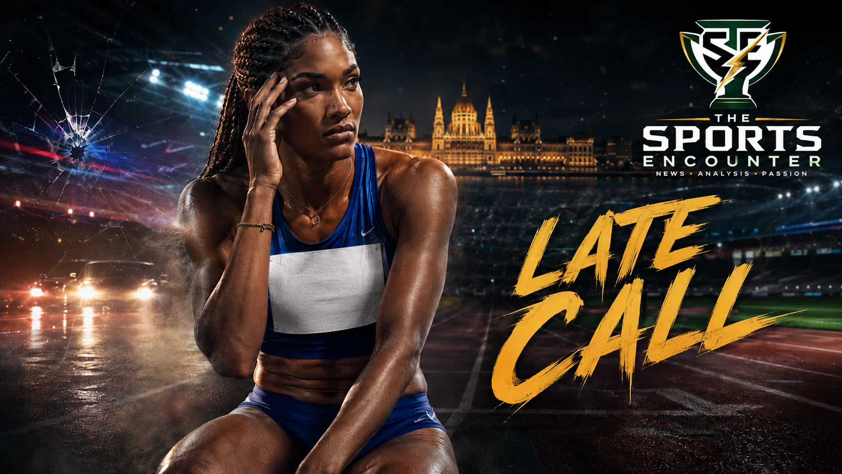Tara Davis-Woodhall pictured in a dramatic athletics graphic as she faces a late decision over competing at the 2026 World Athletics Ultimate Championship after a car crash and severe concussion.