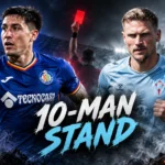 Martín Satriano and Carl Starfelt feature in a Getafe versus Celta La Liga graphic after a 1-1 draw in which Getafe finished with 10 men.
