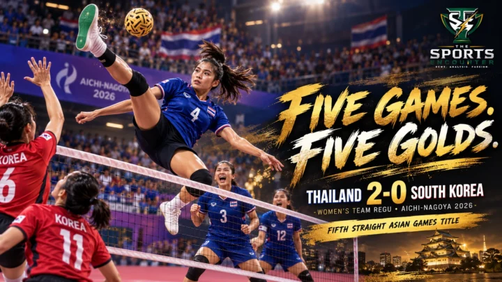Thailand’s women celebrate a fifth consecutive Asian Games team regu sepaktakraw gold after defeating South Korea 2-0 at Aichi-Nagoya 2026.