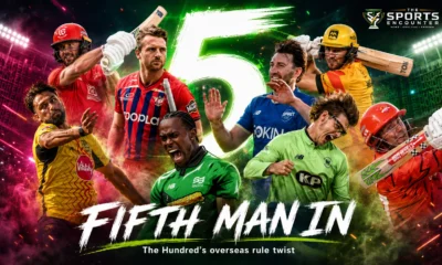 International cricketers representing The Hundred franchises in a cinematic 2027 squad-rule graphic highlighting the reported fifth overseas player allowance.