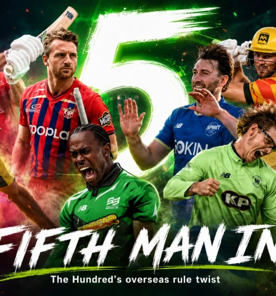 International cricketers representing The Hundred franchises in a cinematic 2027 squad-rule graphic highlighting the reported fifth overseas player allowance.
