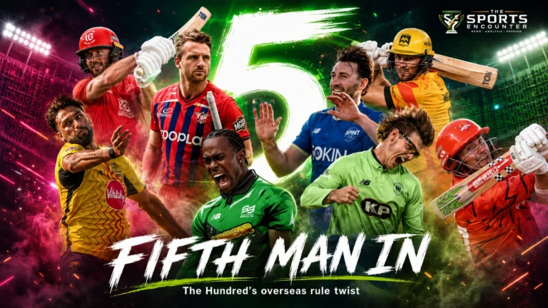 International cricketers representing The Hundred franchises in a cinematic 2027 squad-rule graphic highlighting the reported fifth overseas player allowance.