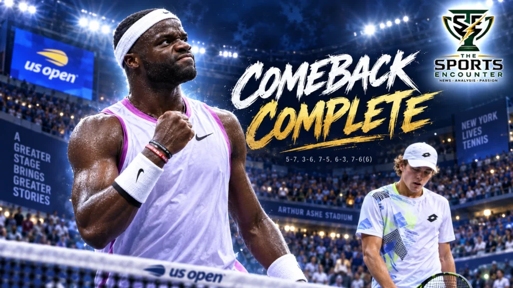 Frances Tiafoe celebrates after completing a two-set comeback against Alex Michelsen in their 2026 US Open quarterfinal at Arthur Ashe Stadium.