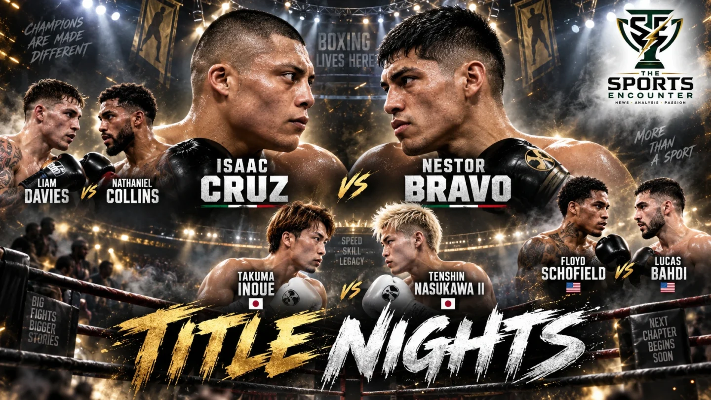 Isaac Cruz, Nestor Bravo, Takuma Inoue, Tenshin Nasukawa, Floyd Schofield and Lucas Bahdi featured in a cinematic graphic previewing major boxing fights from September to October 2026.