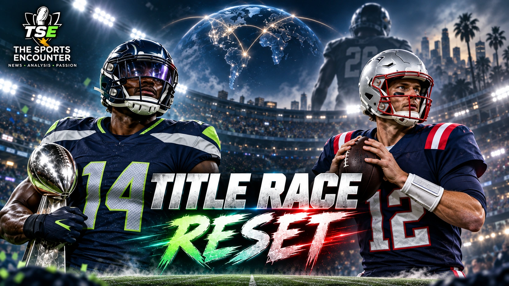 Seattle Seahawks and New England Patriots face off in a cinematic NFL 2026 season-opening scene highlighting the Super Bowl rematch and a reshaped championship race.