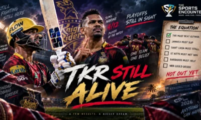 Nicholas Pooran bats for Trinbago Knight Riders while Sunil Narine celebrates with a teammate during TKR’s 35-run win over Barbados Tridents in CPL 2026 Match 27.
