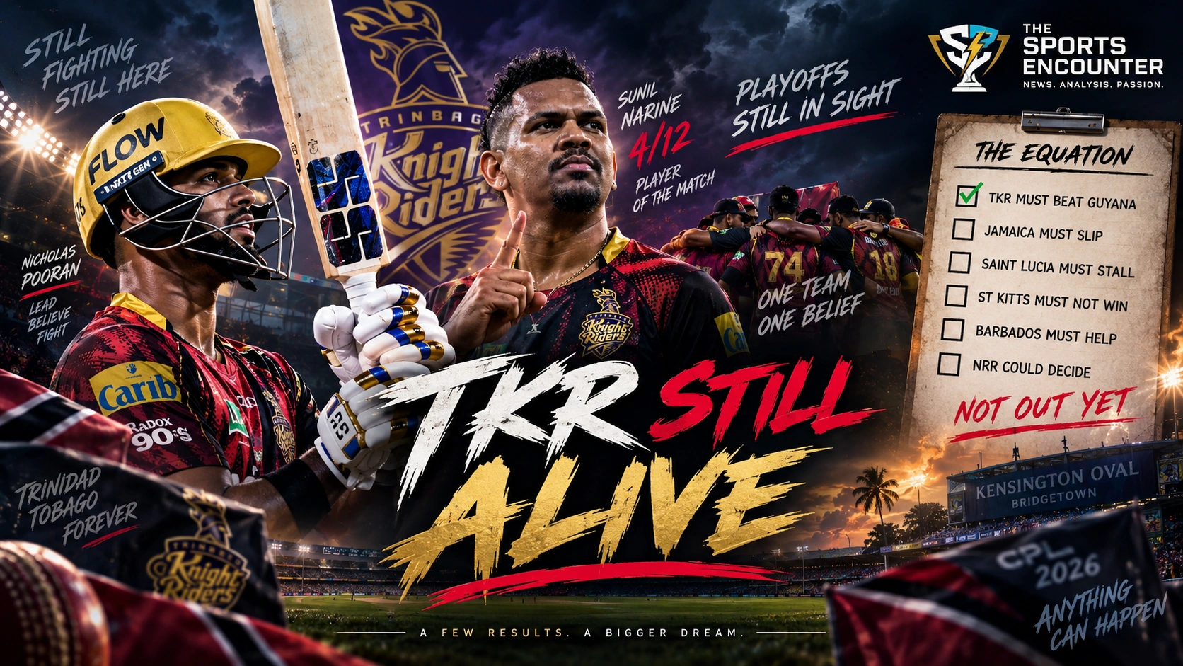Nicholas Pooran bats for Trinbago Knight Riders while Sunil Narine celebrates with a teammate during TKR’s 35-run win over Barbados Tridents in CPL 2026 Match 27.