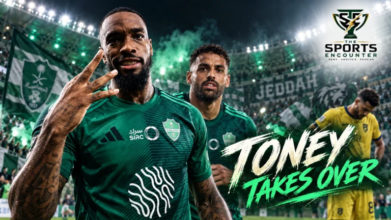 Ivan Toney celebrates for Al Ahli after scoring twice in a 3-1 Saudi Pro League victory over Al Hazem in Jeddah.
