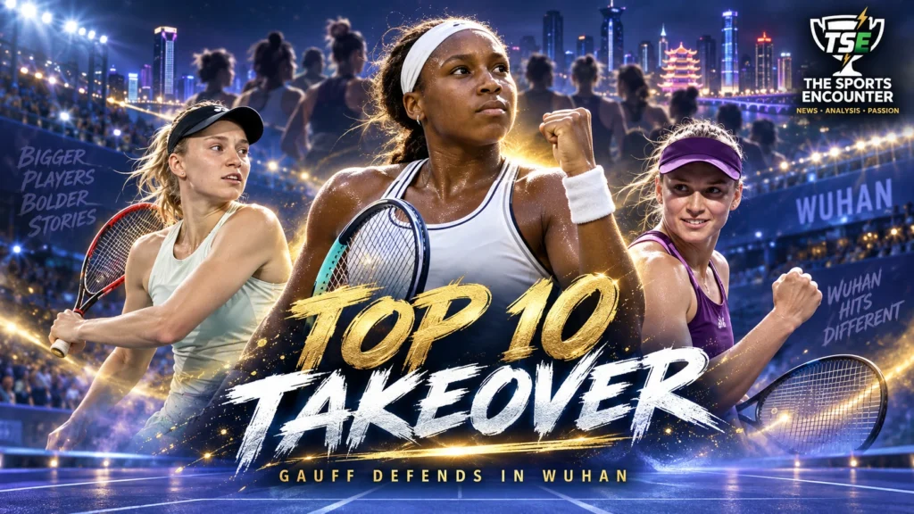 Coco Gauff with Elena Rybakina, Aryna Sabalenka and other WTA stars in a cinematic Wuhan Open 2026 tournament graphic.