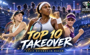 Coco Gauff with Elena Rybakina, Aryna Sabalenka and other WTA stars in a cinematic Wuhan Open 2026 tournament graphic.