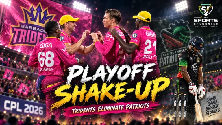 Barbados Tridents players celebrate during their CPL 2026 win over St Kitts and Nevis Patriots, a result that eliminated the Patriots from the playoff race.