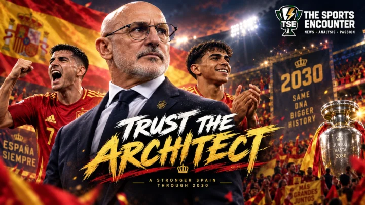Luis de la Fuente celebrates with Spain’s players after their 2026 World Cup triumph as the national coach prepares to extend his contract through the 2030 World Cup.