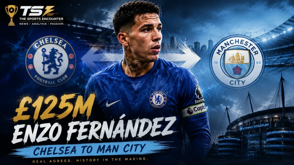 Enzo Fernández pictured in a deadline-day transfer graphic linking Chelsea and Manchester City after a £125 million agreement.