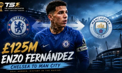Enzo Fernández pictured in a deadline-day transfer graphic linking Chelsea and Manchester City after a £125 million agreement.