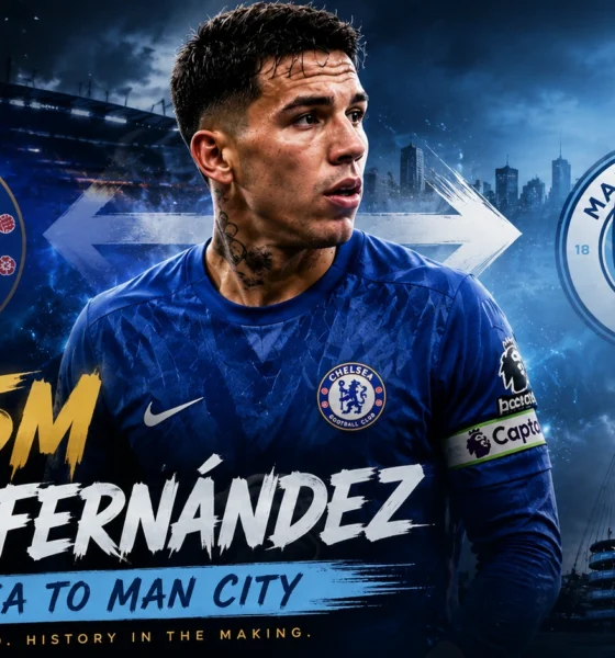 Enzo Fernández pictured in a deadline-day transfer graphic linking Chelsea and Manchester City after a £125 million agreement.