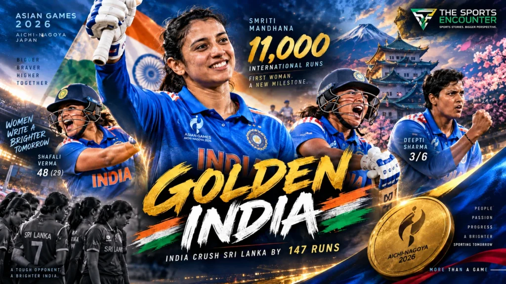 Smriti Mandhana celebrates during India's 147-run victory over Sri Lanka in the Aichi-Nagoya 2026 Asian Games women's cricket gold-medal final.