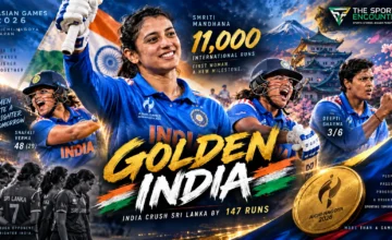 Smriti Mandhana celebrates during India's 147-run victory over Sri Lanka in the Aichi-Nagoya 2026 Asian Games women's cricket gold-medal final.