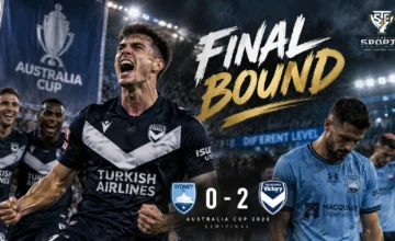 Keegan Jelacic and Melbourne Victory players celebrate during their 2-0 Australia Cup semifinal win over Sydney FC.