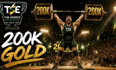 The Sports Encounter is represented as a muscular weightlifter raising a barbell marked 200K in a gold-medal-style arena, symbolizing the publication crossing 200,000 Google Search impressions.