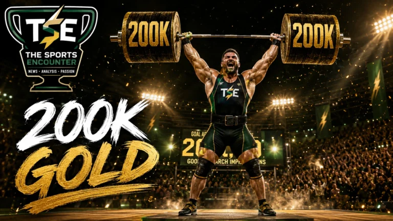 The Sports Encounter is represented as a muscular weightlifter raising a barbell marked 200K in a gold-medal-style arena, symbolizing the publication crossing 200,000 Google Search impressions.