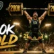 The Sports Encounter is represented as a muscular weightlifter raising a barbell marked 200K in a gold-medal-style arena, symbolizing the publication crossing 200,000 Google Search impressions.