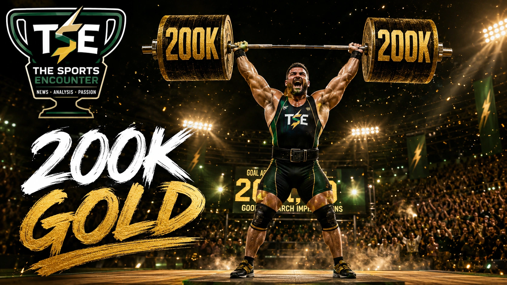 The Sports Encounter is represented as a muscular weightlifter raising a barbell marked 200K in a gold-medal-style arena, symbolizing the publication crossing 200,000 Google Search impressions.
