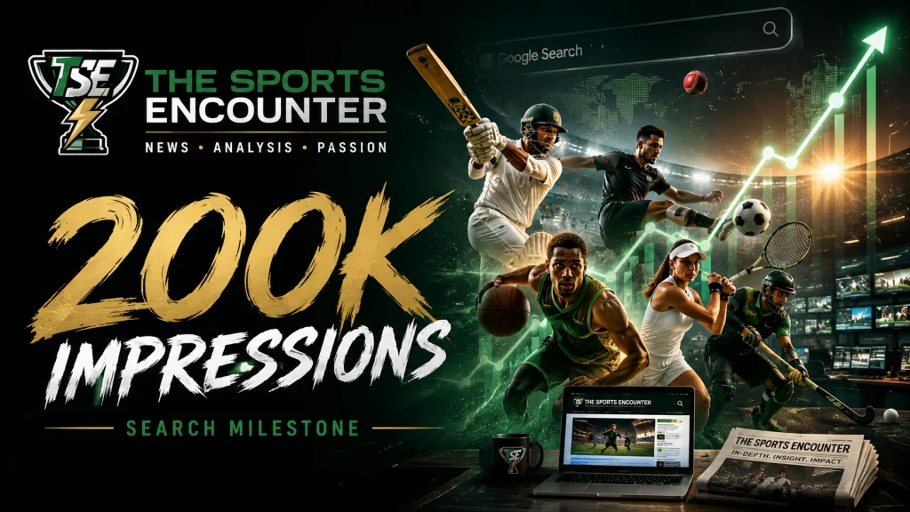The Sports Encounter celebrates 200,000 Google Search impressions with a cinematic montage of cricket, soccer, basketball, tennis, and hockey athletes beside a rising search-performance graph.