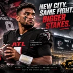 Tua Tagovailoa in Atlanta Falcons colors ahead of his Week 1 start against the Pittsburgh Steelers, with Michael Penix Jr. featured in the background.
