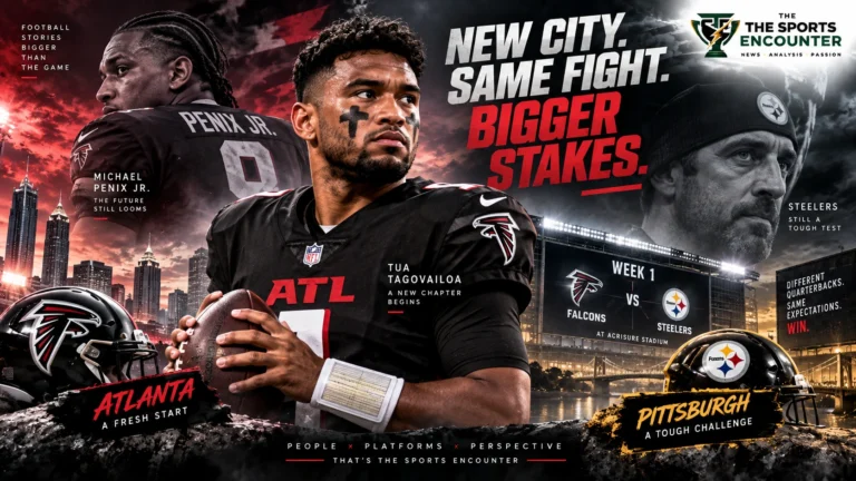 Tua Tagovailoa in Atlanta Falcons colors ahead of his Week 1 start against the Pittsburgh Steelers, with Michael Penix Jr. featured in the background.