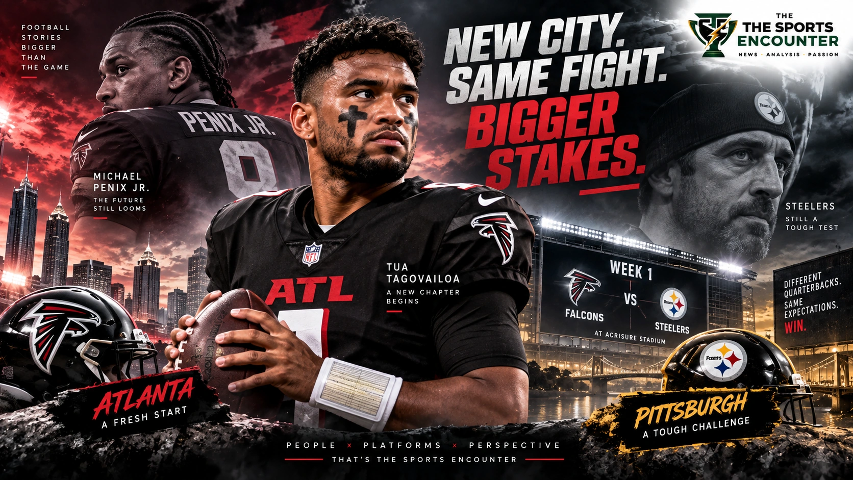 Tua Tagovailoa in Atlanta Falcons colors ahead of his Week 1 start against the Pittsburgh Steelers, with Michael Penix Jr. featured in the background.