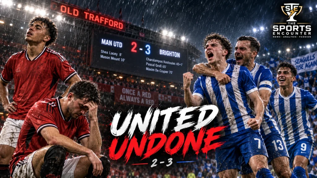 Brighton players celebrate their 3-2 Carabao Cup comeback victory over Manchester United at Old Trafford after overturning a two-goal deficit.