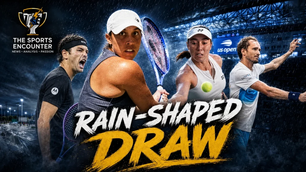 Jessica Pegula, Daniil Medvedev, Madison Keys and Taylor Fritz advance at the rain-disrupted 2026 US Open as outdoor matches face repeated delays.