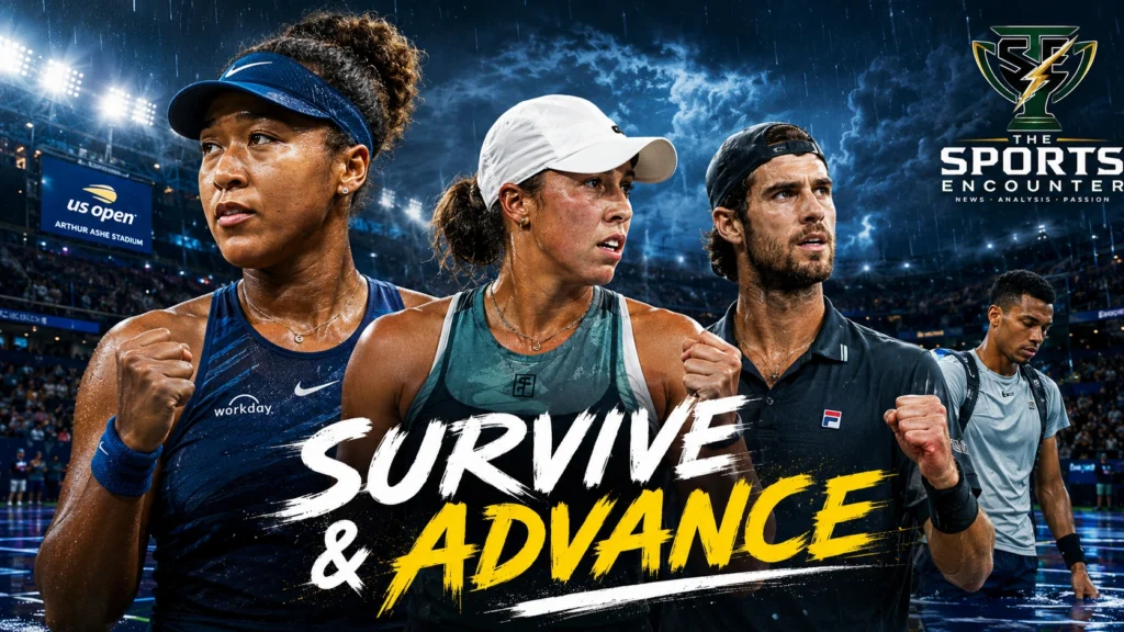 Naomi Osaka, Madison Keys and Karen Khachanov featured in a cinematic US Open 2026 graphic highlighting dramatic comeback wins, Felix Auger-Aliassime’s exit and rain disruption in New York.