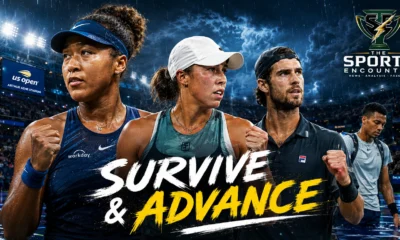 Naomi Osaka, Madison Keys and Karen Khachanov featured in a cinematic US Open 2026 graphic highlighting dramatic comeback wins, Felix Auger-Aliassime’s exit and rain disruption in New York.