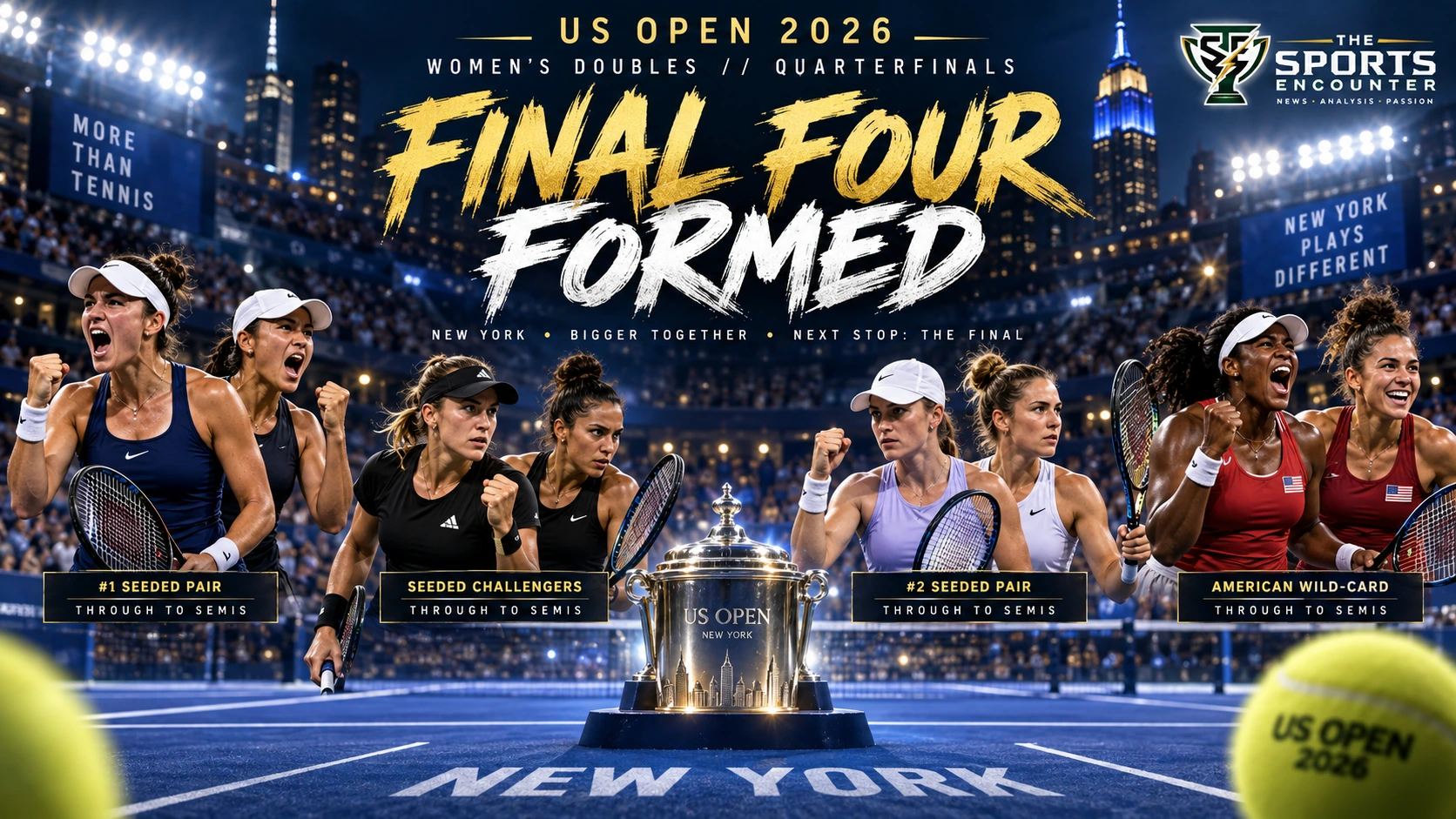 Katerina Siniakova, Taylor Townsend and other leading teams compete in the 2026 US Open women’s doubles quarterfinals as the semifinal field is confirmed in New York.