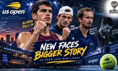 Carlos Alcaraz, Tommy Paul, Daniil Medvedev and Novak Djokovic feature in a cinematic US Open 2026 men’s wrap graphic highlighting Alcaraz’s progress and Djokovic’s early exit.