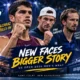 Carlos Alcaraz, Tommy Paul, Daniil Medvedev and Novak Djokovic feature in a cinematic US Open 2026 men’s wrap graphic highlighting Alcaraz’s progress and Djokovic’s early exit.