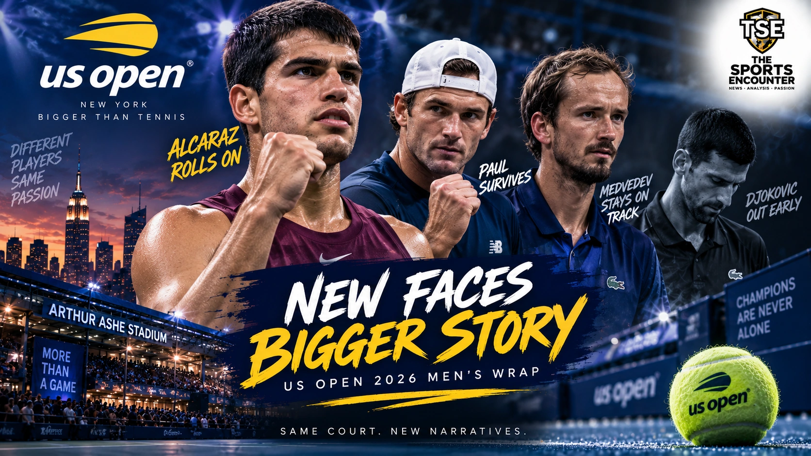 Carlos Alcaraz, Tommy Paul, Daniil Medvedev and Novak Djokovic feature in a cinematic US Open 2026 men’s wrap graphic highlighting Alcaraz’s progress and Djokovic’s early exit.