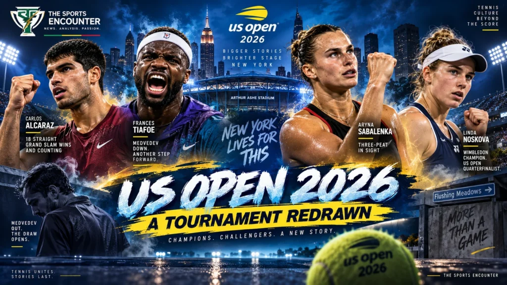 Carlos Alcaraz, Frances Tiafoe, Aryna Sabalenka and Linda Noskova headline the US Open 2026 quarterfinal race after major wins and high-profile exits in New York.