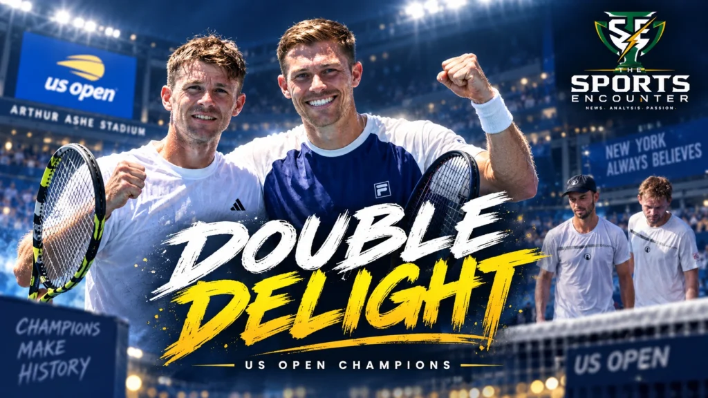 Christian Harrison and Neal Skupski celebrate their 2026 US Open men’s doubles title at Arthur Ashe Stadium after beating Kevin Krawietz and Tim Puetz in straight sets.